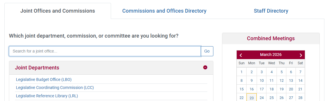 Screenshot of the Joint Offices page showing the commissons searchbar.